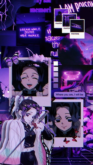 Shinobu Kocho Demon Slayer Aesthetic Collage with Neon Purple and Butterfly Motifs HD phone wallpaper