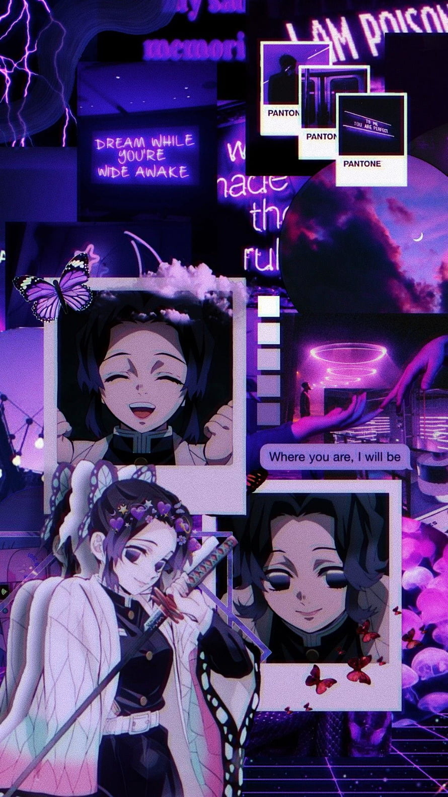 Shinobu Kocho Demon Slayer Aesthetic Collage with Neon Purple and Butterfly Motifs HD phone wallpaper