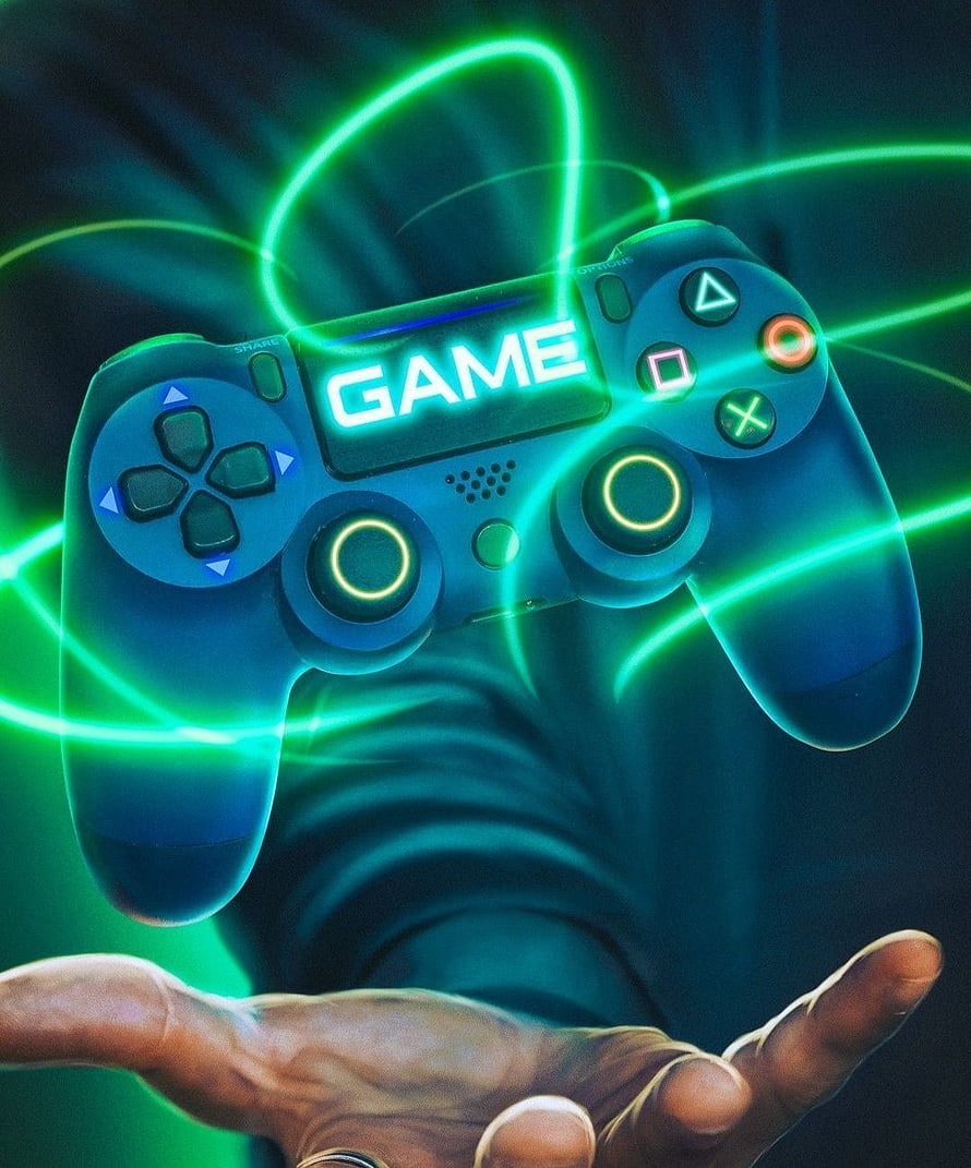 Glowing Blue Game Controller Hovering Over Open Hand With Neon Green Light Trails HD phone wallpaper