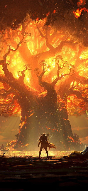 World of Warcraft Warrior Standing Before a Massive Burning Tree in Dramatic Fantasy Art HD phone wallpaper