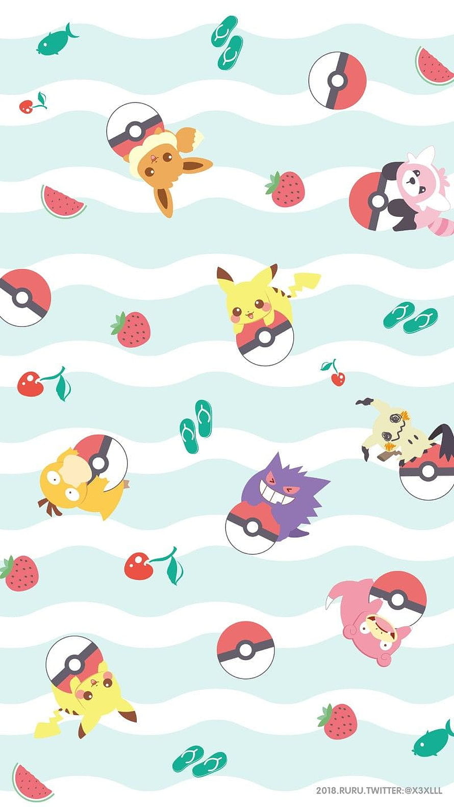 Cute Kawaii Pokemon Summer Pattern with Pikachu and Pokeballs on Wavy Background HD phone wallpaper