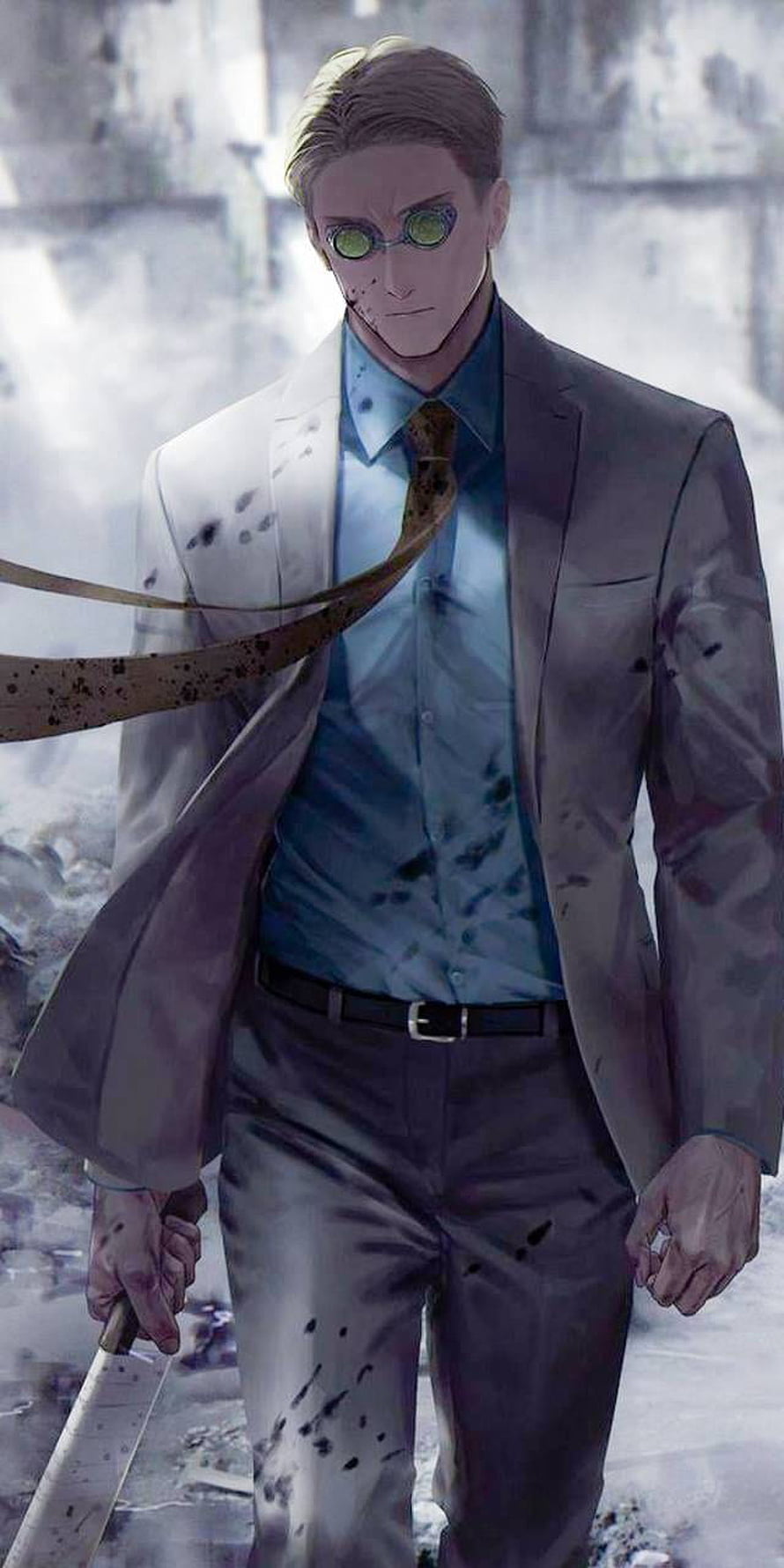 Kento Nanami in a blood-splattered suit holding a blade in a ruined urban setting HD phone wallpaper