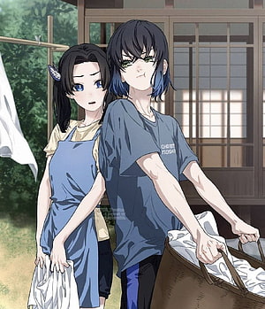 Inosuke and Aoi Anime Illustration Doing Laundry in a Traditional Japanese Garden HD phone wallpaper