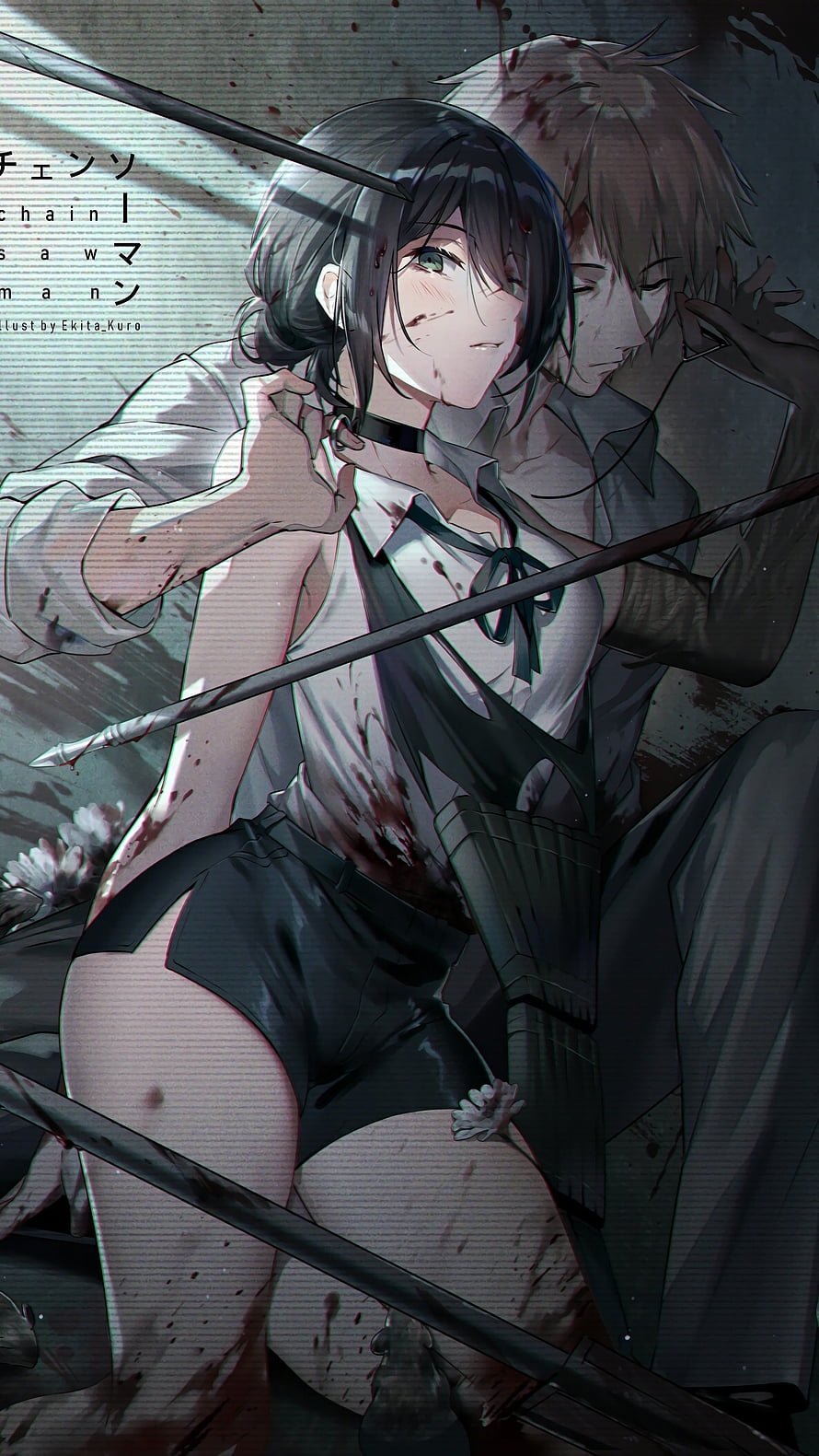 Reze from Chainsaw Man in a dark, blood-splattered anime illustration with a male companion, Reze [Chainsaw Man], #reze HD phone wallpaper