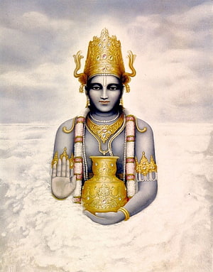 Dhanvantari Deity Holding Golden Kalasha in Traditional Indian Painting Style HD phone wallpaper