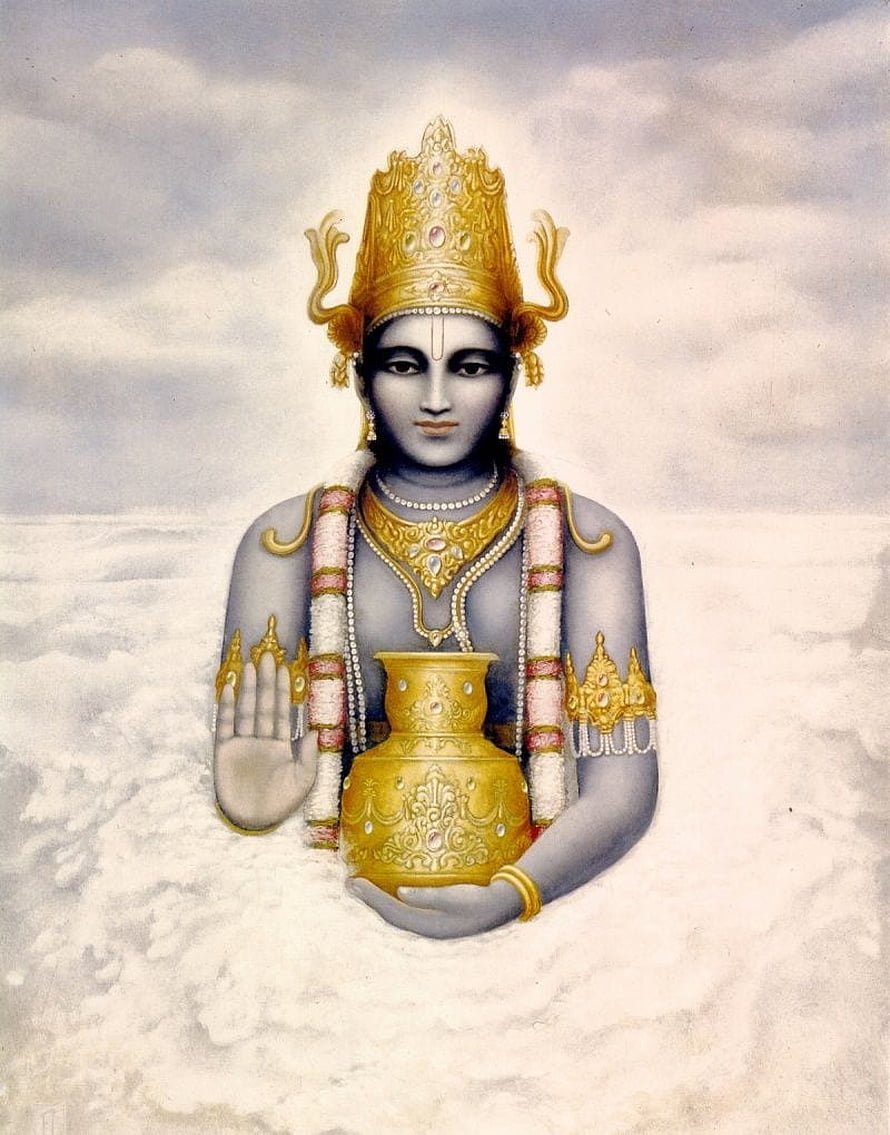 Dhanvantari Deity Holding Golden Kalasha in Traditional Indian Painting Style HD phone wallpaper