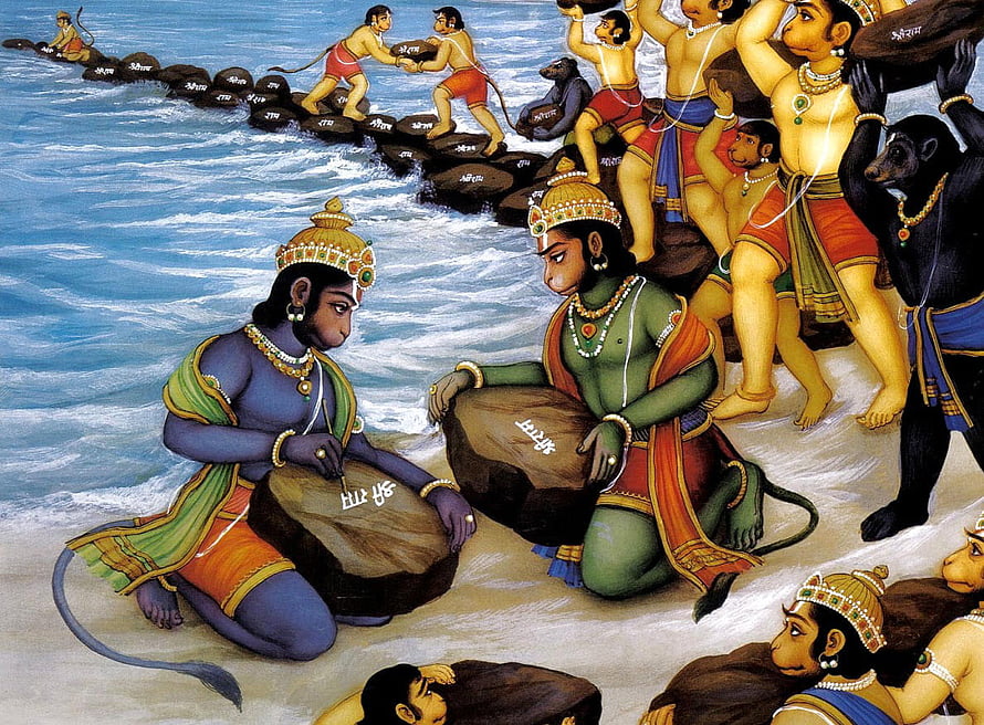 Ram Setu Bridge Construction Scene with Vanara Army and Mythological Figures HD wallpaper