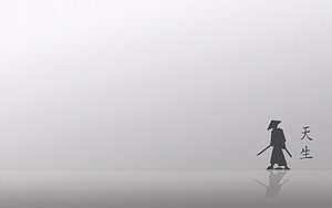 Minimalist Black Samurai Silhouette Walking on Reflective Surface with Japanese Calligraphy HD wallpaper