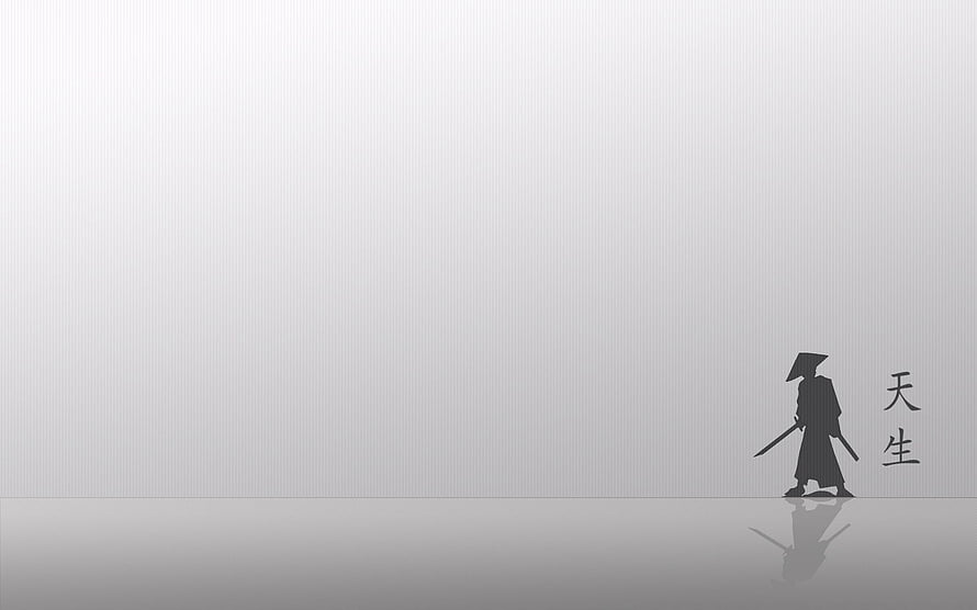 Minimalist Black Samurai Silhouette Walking on Reflective Surface with Japanese Calligraphy HD wallpaper