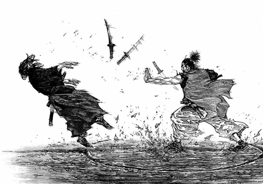 Vagabond Manga Panel by Takehiko Inoue Featuring Intense Samurai Duel HD wallpaper