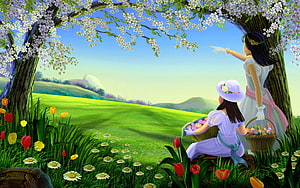Two Women in a Blossoming Spring Meadow with Easter Baskets and Tulips HD wallpaper
