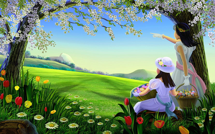 Two Women in a Blossoming Spring Meadow with Easter Baskets and Tulips HD wallpaper