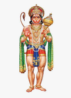 Hanuman Ji Abhaya Mudra with Gada and Ornate Crown in Traditional Indian Art, Hindu God Abhaya Anjaneya Swamy Png Famous, hanuman ji full mobile HD phone wallpaper