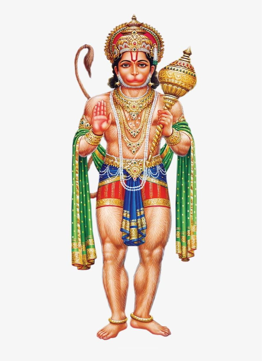 Hanuman Ji Abhaya Mudra with Gada and Ornate Crown in Traditional Indian Art HD phone wallpaper