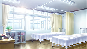 Bright Anime Hospital Ward With Two Beds And Large Windows HD wallpaper
