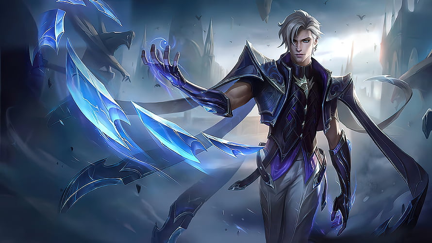 Aamon from Mobile Legends channeling blue energy in dark fantasy armor HD wallpaper
