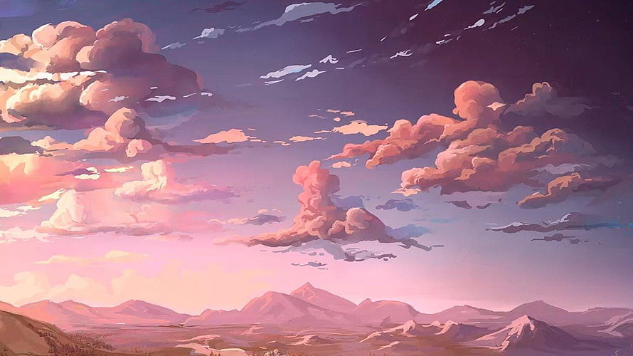 Dreamy Pink Anime Sky with Fluffy Clouds and Distant Mountain Range HD wallpaper