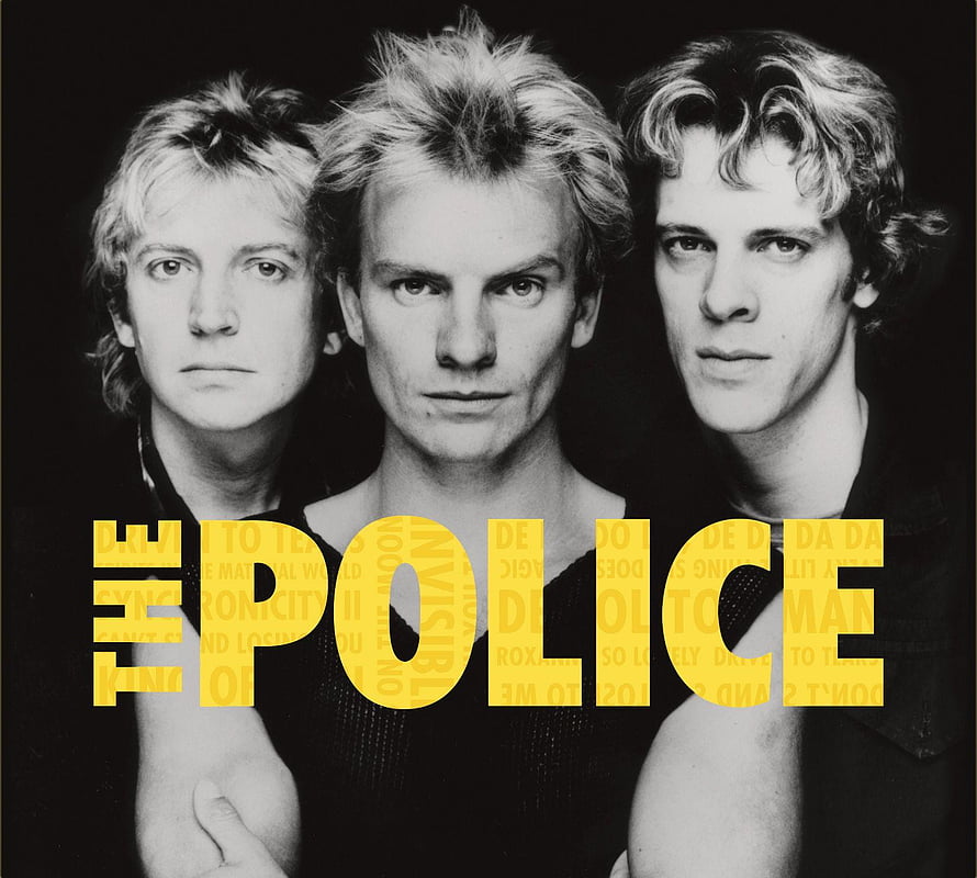 The Police Band Members Black and White Portrait with Yellow Typography HD wallpaper