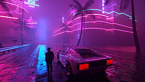 Neon-lit retro sports car on a rain-soaked tropical street with palm trees and glowing signage HD wallpaper