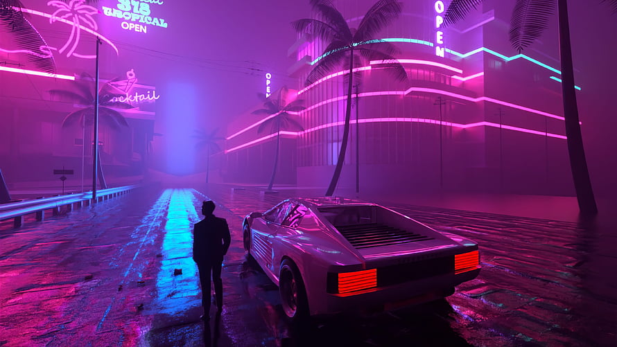 Neon-lit retro sports car on a rain-soaked tropical street with palm trees and glowing signage HD wallpaper