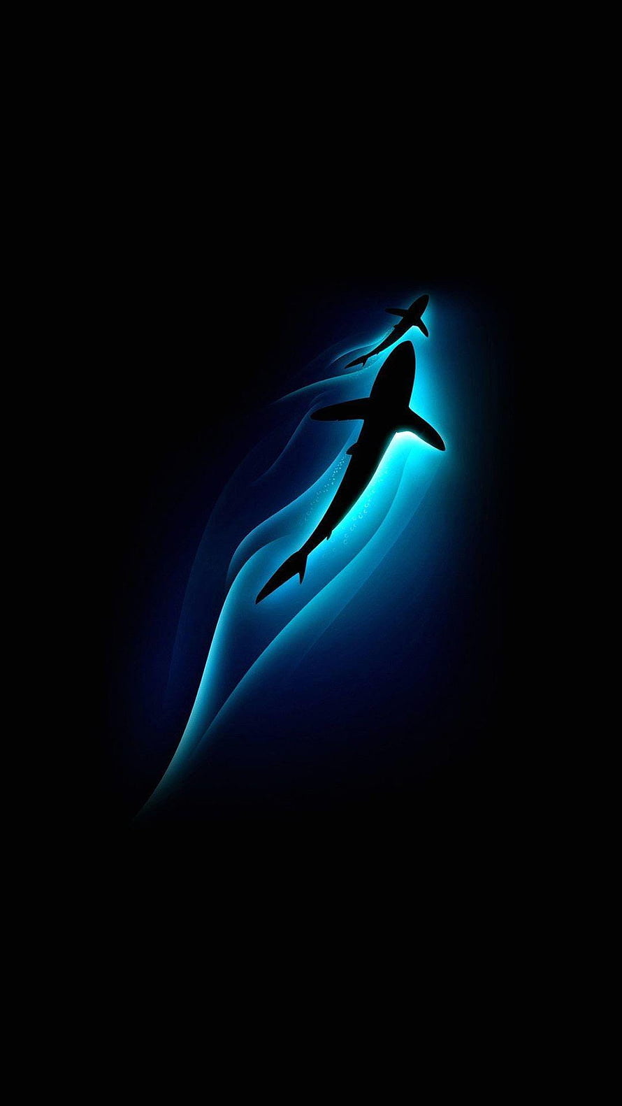 Minimalist Shark Silhouette with Glowing Blue Trail on Black Background HD phone wallpaper