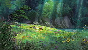 Karigurashi no Arrietty: Girl Resting in Sunlit Forest Meadow HD wallpaper