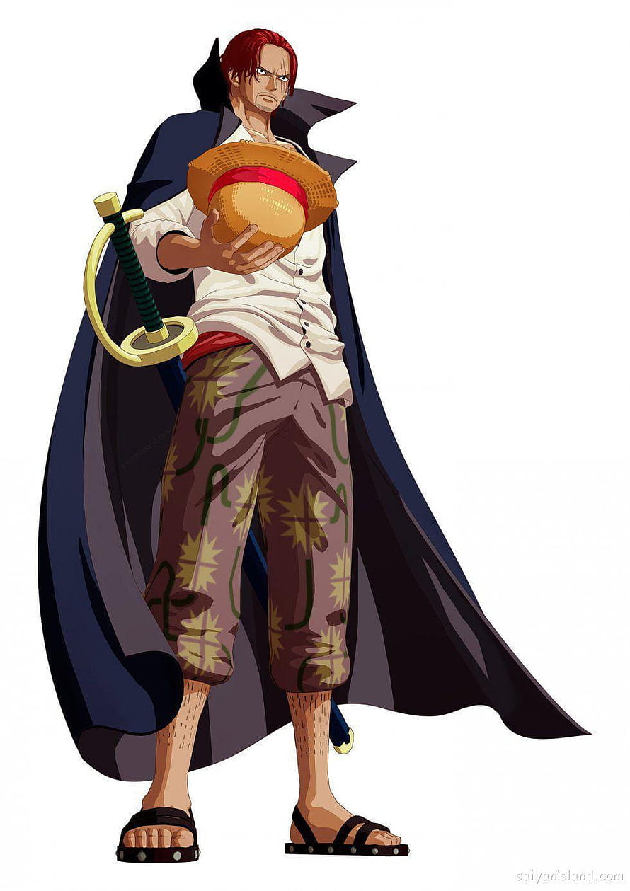 Shanks from One Piece in a dark coat holding a straw hat and sword HD phone wallpaper
