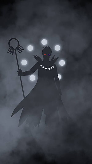 Obito Uchiha Silhouette with Rinnegan and Staff in Dark Misty Atmosphere HD phone wallpaper