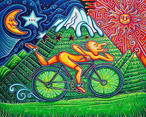 Psychedelic Surreal Art of a Man Riding a Bicycle Through a Vibrant Mountain Landscape HD wallpaper