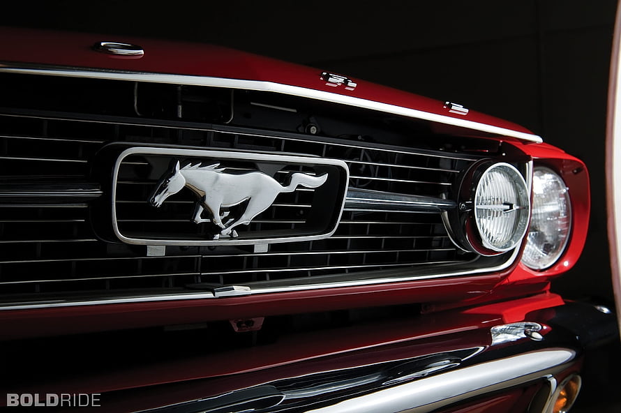 Classic 1965 Ford Mustang Front Grille and Running Horse Emblem Close-Up HD wallpaper