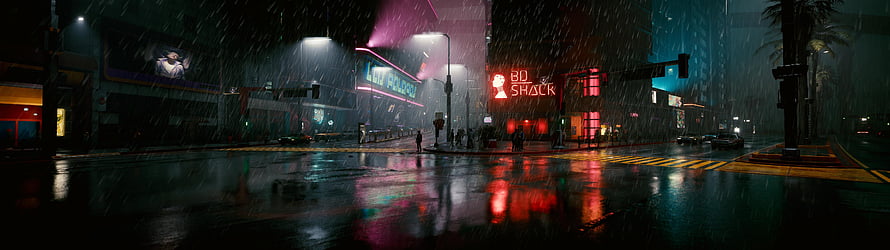 Cyberpunk 2077 Night City Rainy Street Scene with Neon Signs HD wallpaper