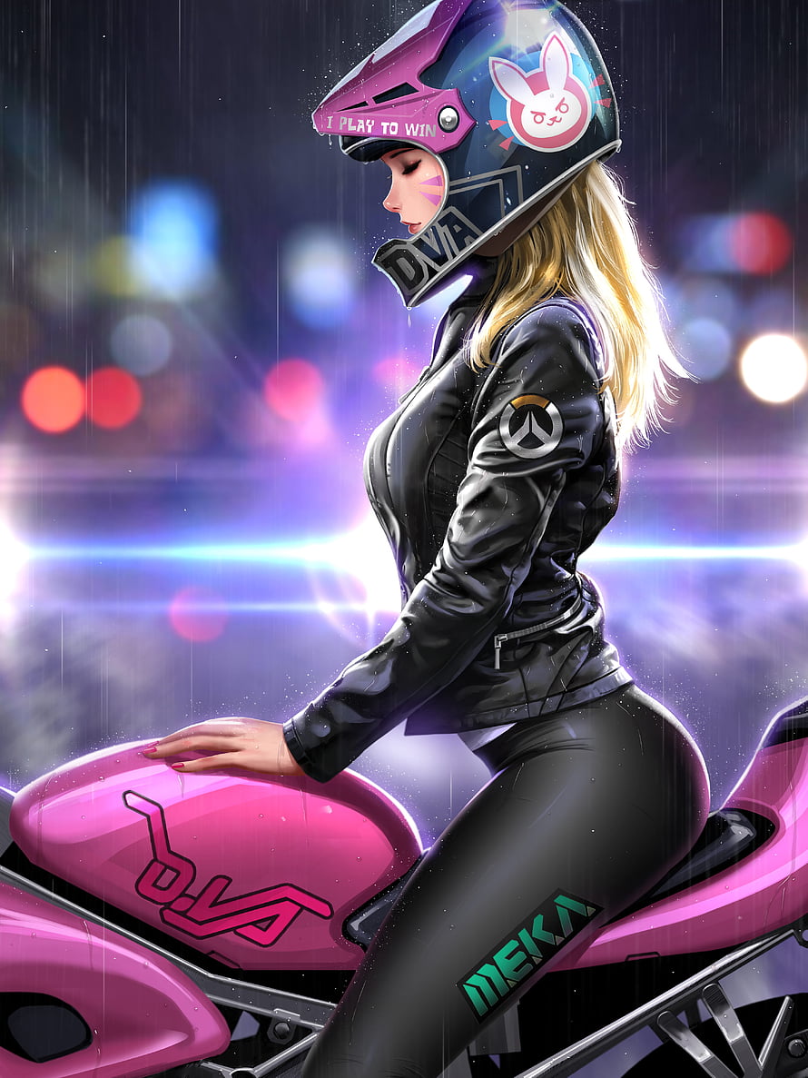 D.Va in Black Leather Suit Riding Pink Meka Bike in Rainy Night City HD phone wallpaper
