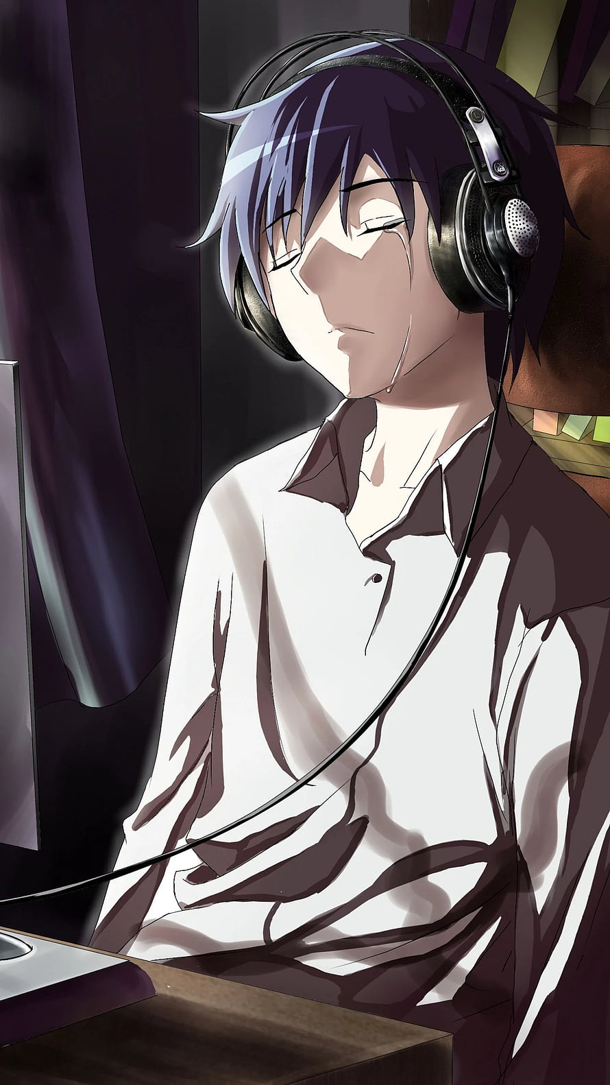 Anime Boy With Headphones And Closed Eyes In A Dimly Lit Room HD phone wallpaper