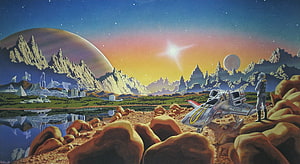 Retro Futurism Alien Landscape with Spaceship and Astronaut at Sunset HD wallpaper