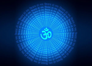 Glowing Om Symbol Mandala with Sanskrit Mantra Text on Deep Blue Background HD wallpaper