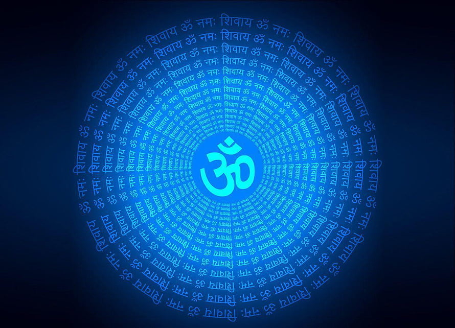 Glowing Om Symbol Mandala with Sanskrit Mantra Text on Deep Blue Background HD wallpaper