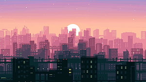 Pixel Art Cityscape at Sunset with Lo-Fi Aesthetic and Retro Skyline HD wallpaper
