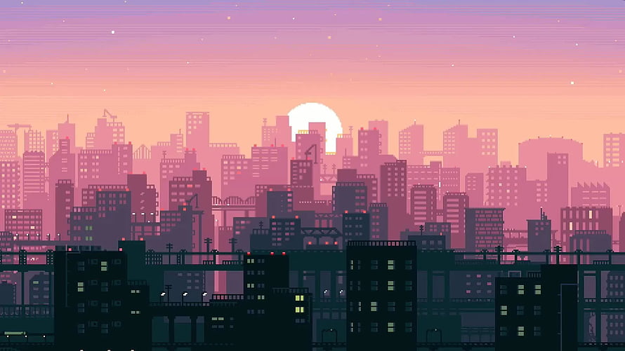 Pixel Art Cityscape at Sunset with Lo-Fi Aesthetic and Retro Skyline HD wallpaper