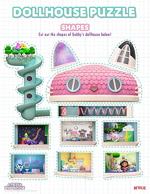 Gabby's Dollhouse Printable Puzzle Activity Featuring Cat-Shaped House and Interior Rooms HD phone wallpaper