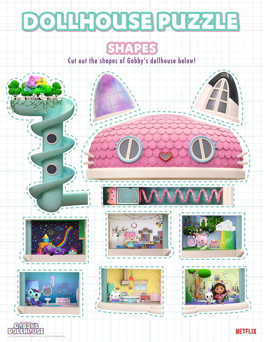 Gabby's Dollhouse Printable Puzzle Activity Featuring Cat-Shaped House and Interior Rooms HD phone wallpaper