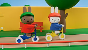 Miffy and Friend Riding Tricycles in a Colorful Claymation Park Scene HD wallpaper