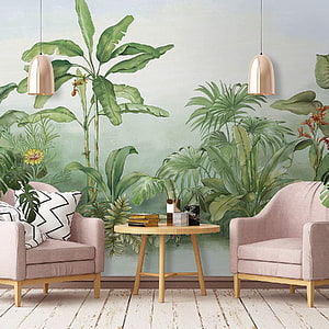 Tropical Jungle Wall Mural with Watercolor Botanicals and Pink Armchairs in a Modern Living Room HD phone wallpaper