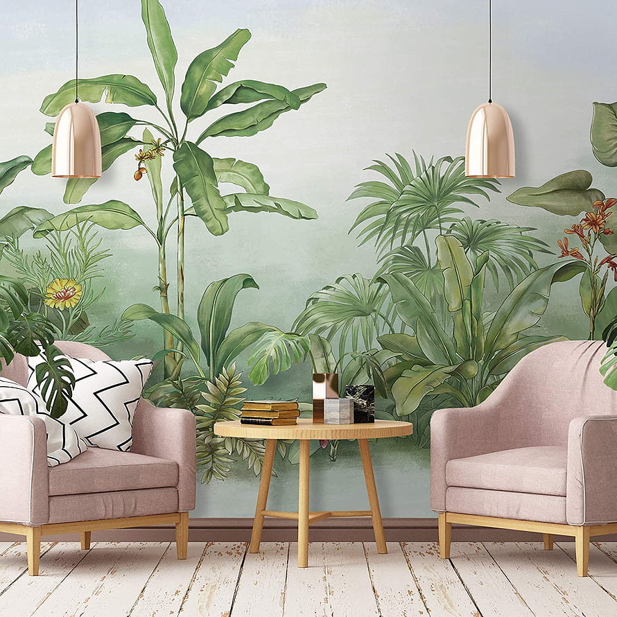 Tropical Jungle Wall Mural with Watercolor Botanicals and Pink Armchairs in a Modern Living Room HD phone wallpaper