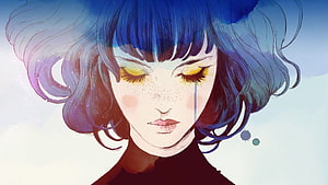 Gris Watercolor Portrait of a Crying Girl with Blue Hair and Golden Eyes HD wallpaper