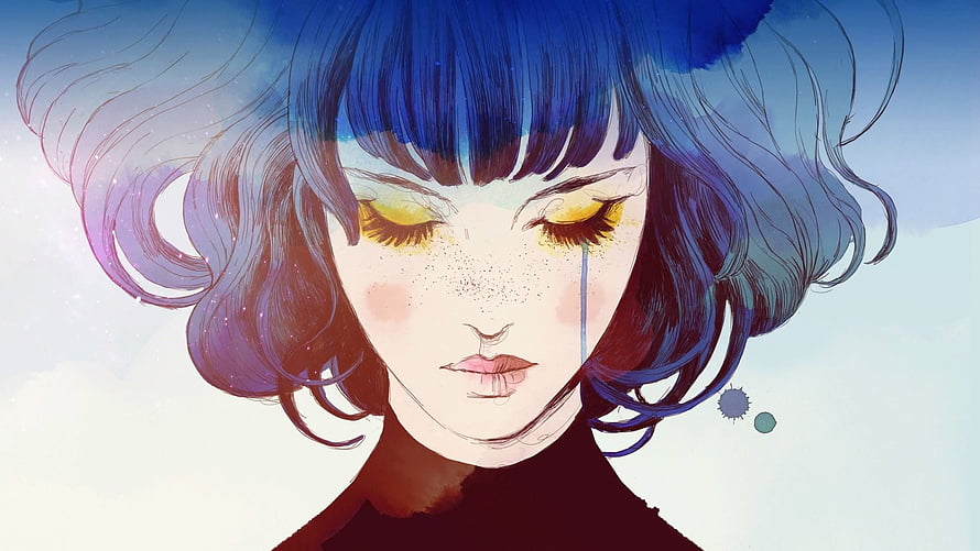 Gris Watercolor Portrait of a Crying Girl with Blue Hair and Golden Eyes HD wallpaper