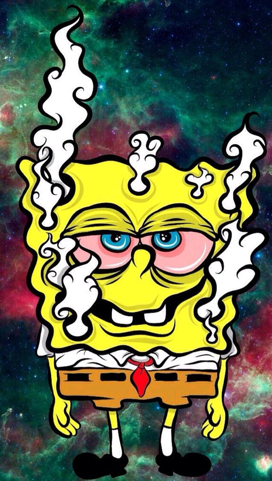 Angry SpongeBob SquarePants with Smoke Effects Against a Cosmic Nebula Background HD phone wallpaper
