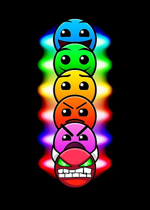 Geometry Dash Demon Icon Stacked with Rainbow Glow on Black Background HD phone wallpaper