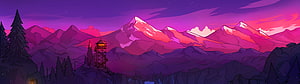 Stylized Mountain Range at Dusk with Watchtower and Pine Forest in Purple Hues HD wallpaper