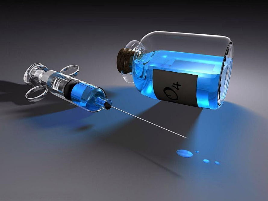 Blue Medical Syringe and Vial with O4 Label on Dark Surface HD wallpaper