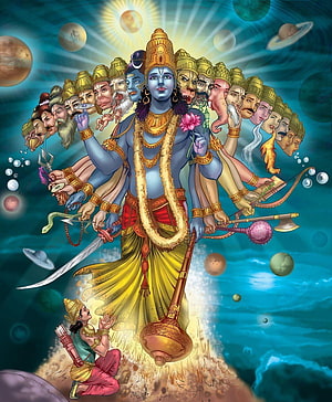 Lord Krishna Vishwaroopam Divine Cosmic Form with Arjuna in Mahabharata Illustration HD phone wallpaper
